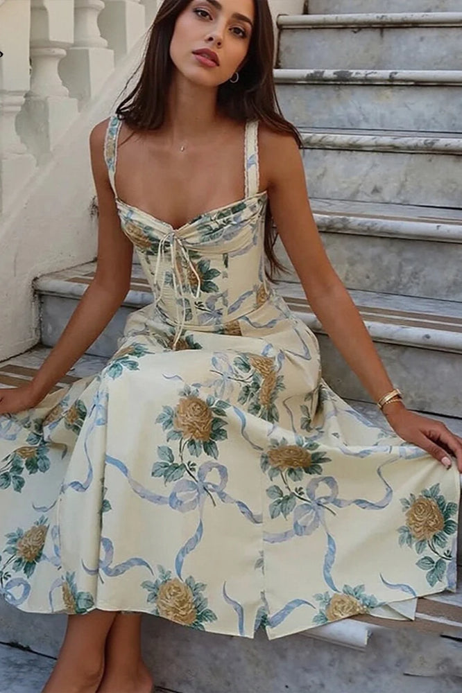Floral Print Sweetheart Lace-Up A-Line Midi Dress