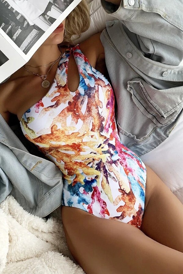 One-shoulder Cutout Print One-piece Swimsuit - Fashionpara