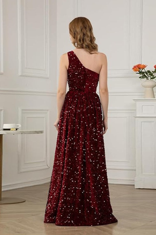 Sequin Embellished One-Shoulder A-Line Maxi Gown