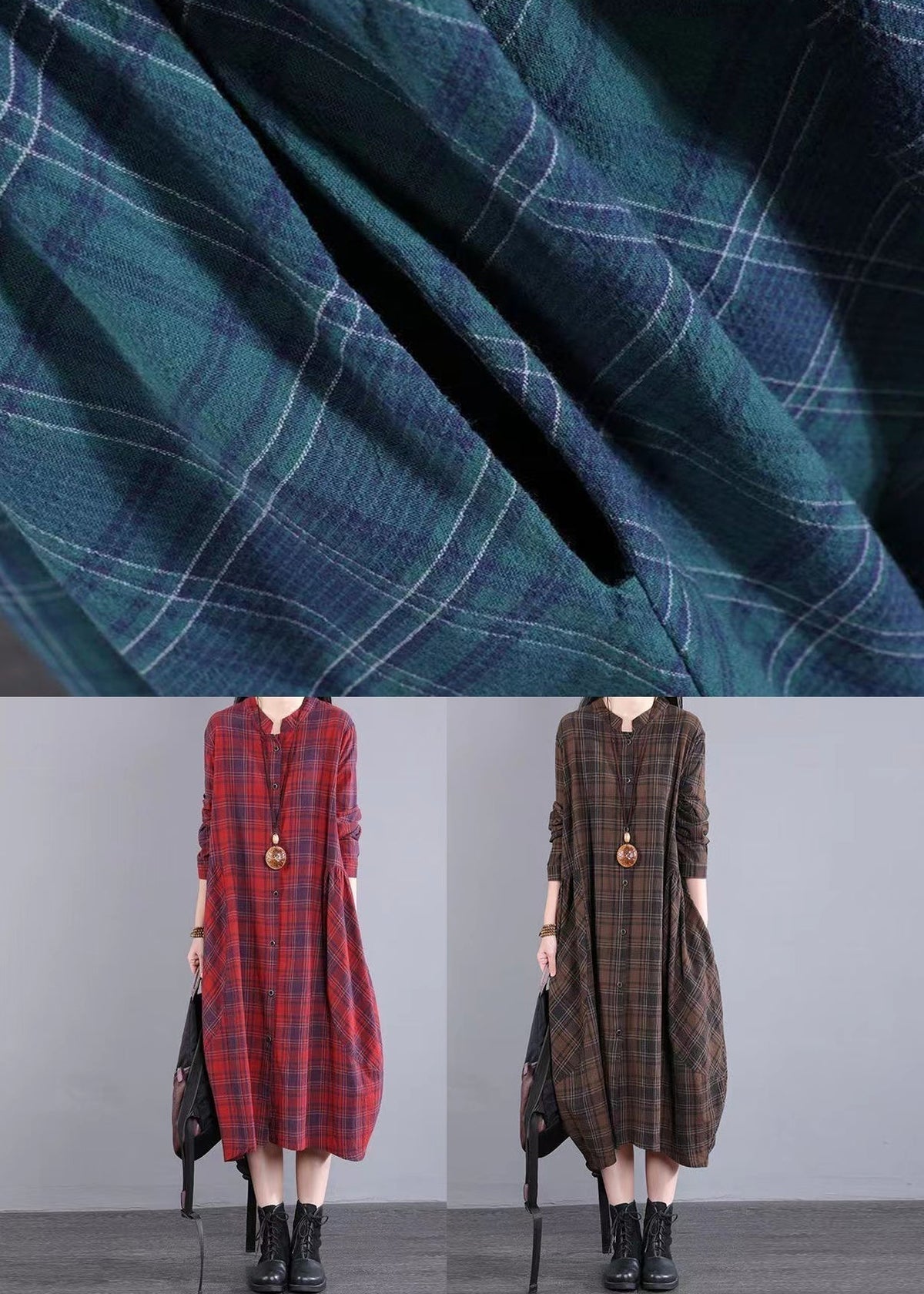 Plaid Check Print Stand Collar Button Down Shirt Midi Dress - View 4