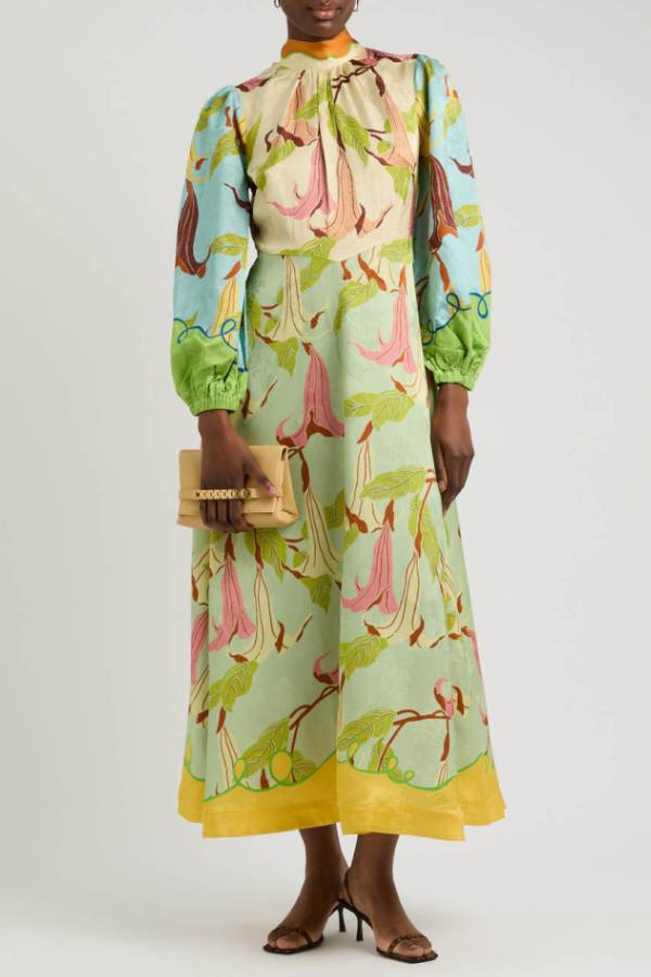 Unique Morning Glory Print Long Sleeve Midi Dress - Fashionpara