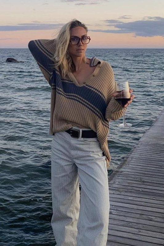 PrincessAce Colorblock Knit Sweater with Striped Design