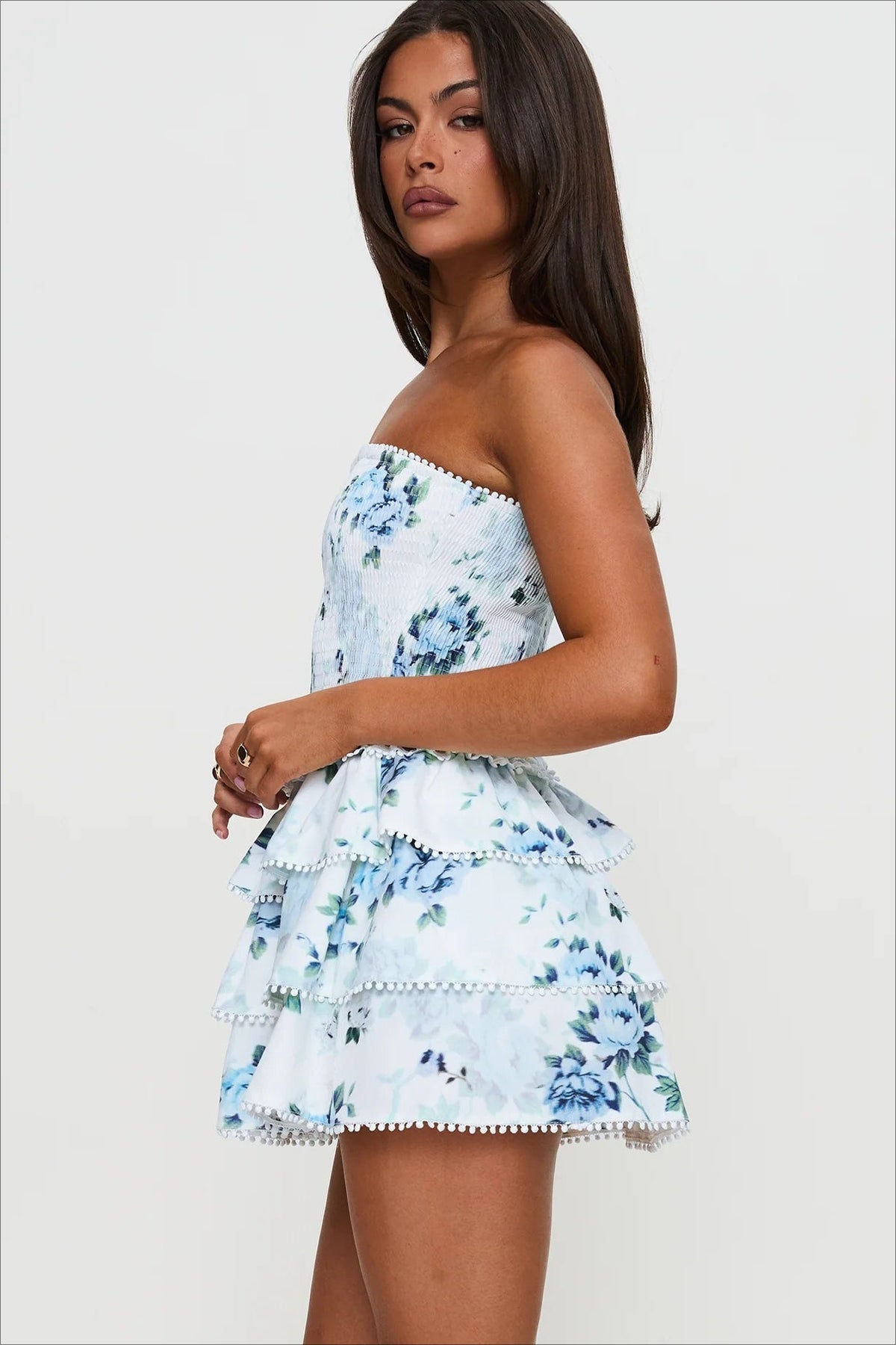 Floral Strapless Shirred Tiered Ruffle Mini Dress