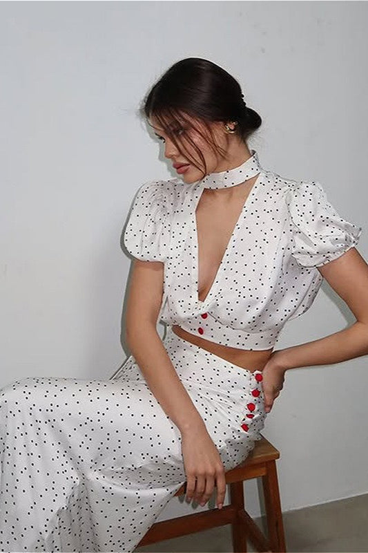 Polka Dot V-Neck Maxi Two Pieces Set - Fashionpara