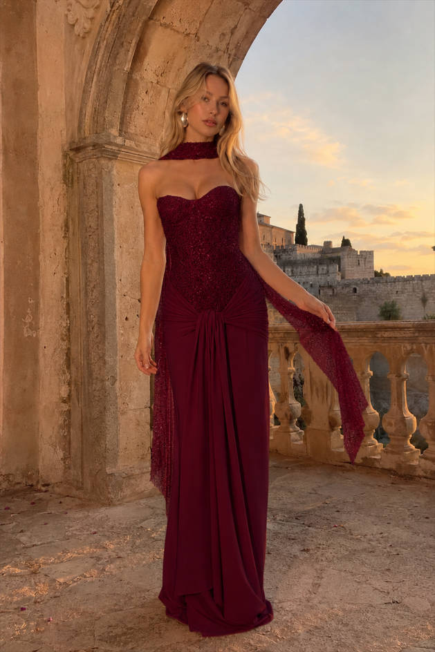 Sequin Sweetheart Corset Draped Chiffon Mermaid Gown