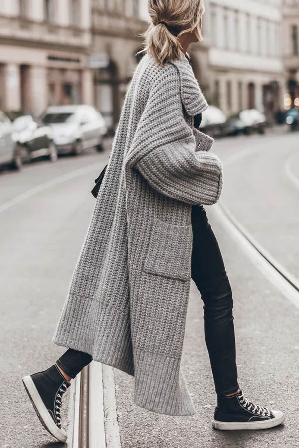 Warm Chunky Knit Oversized Midi Cardigan with Pockets