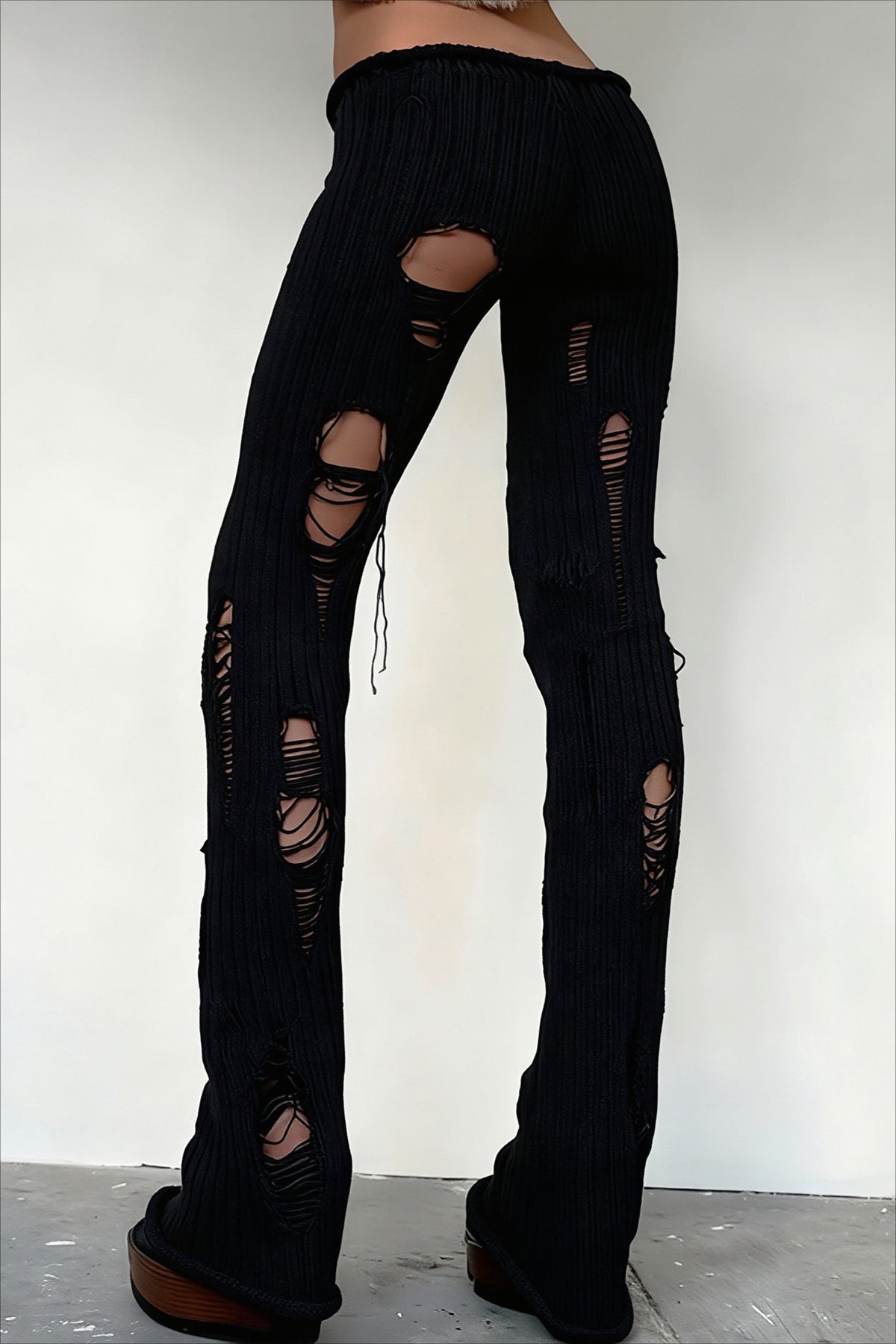 Distressed Ribbed Knit Flared Pants