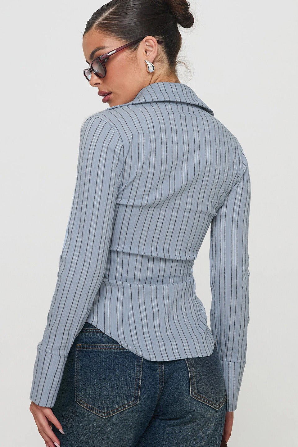 Fitted Striped Collared Buttoned Long Sleeve Blouse