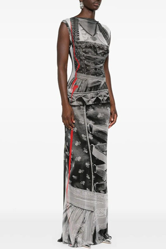 Graphic Print Sleeveless Bodycon Maxi Dress