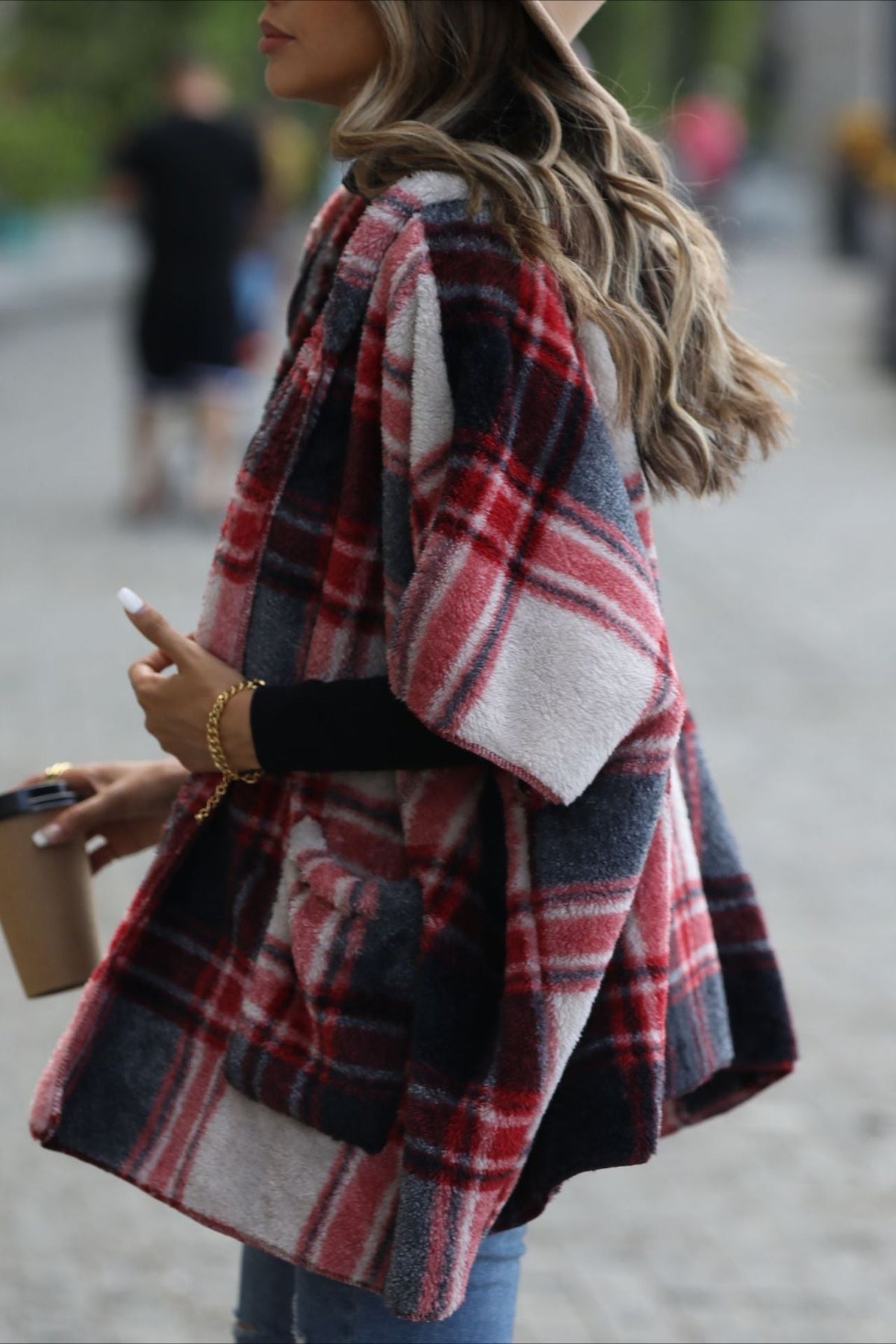 Fuzzy Plaid Hooded Short Sleeve Coat