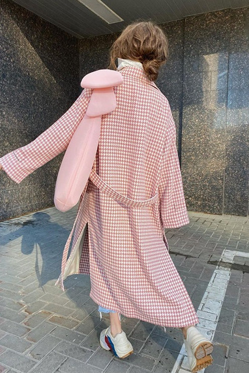 Houndstooth Long Trench Coat Chic Elegant Overcoat