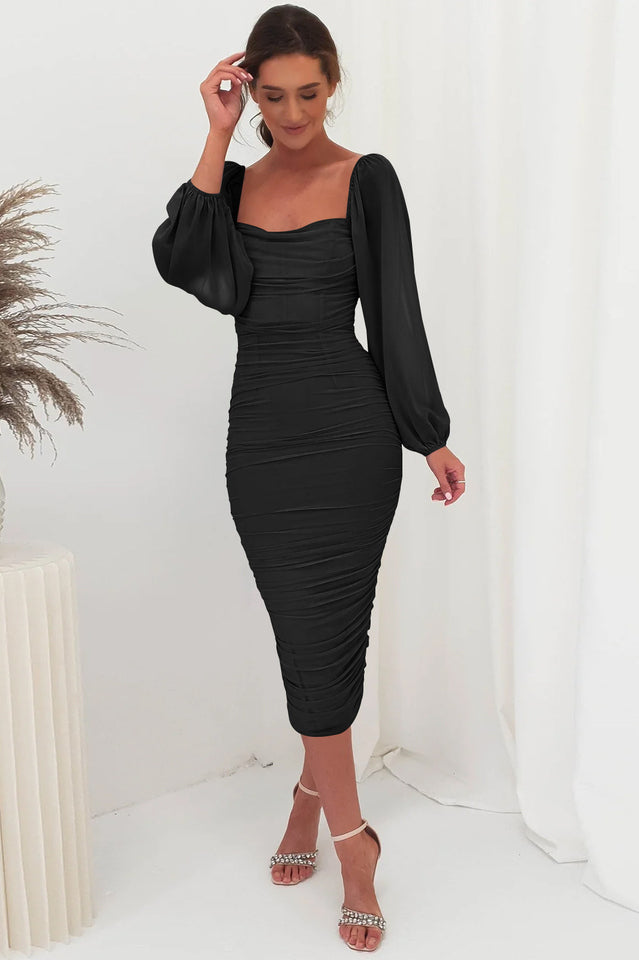 Square Neck Puff Sleeve Ruched Bodycon Midi Dress