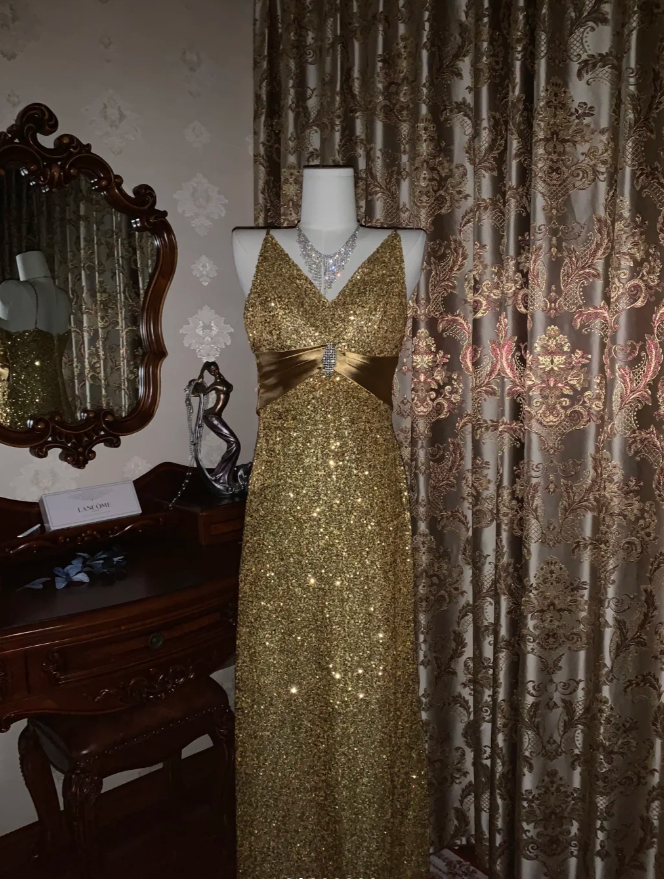 Glitter V Neck Sequin Beaded Gold Mermaid Party Dress Long Evening Dress D1725