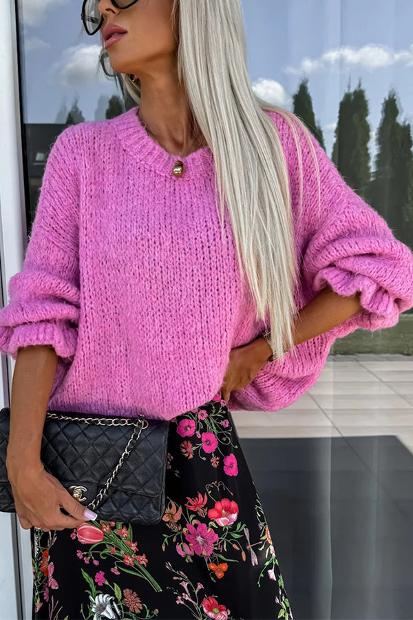 Solid Color Ruffled Long Sleeve Knitted Sweater for Women