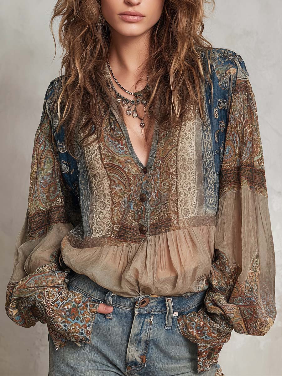 Vintage Boho Paisley Sheer Blouse - Fashionpara