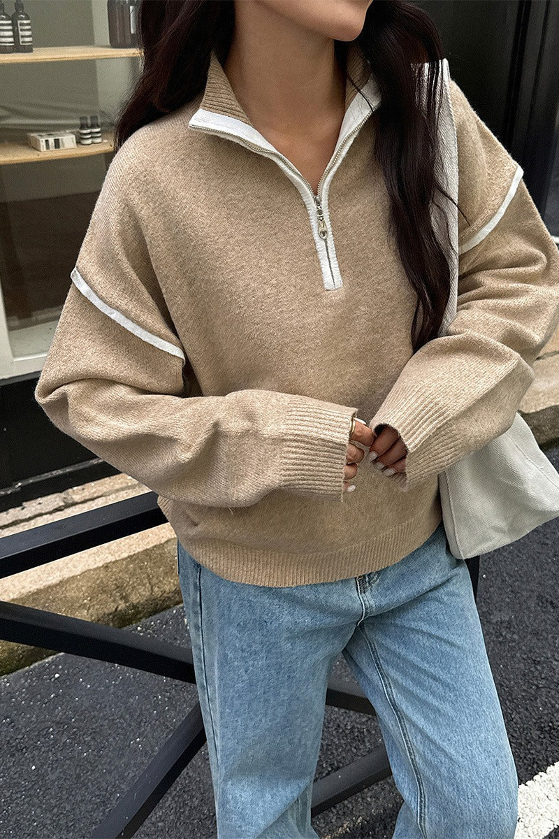 Casual Zip Front Long Sleeve Sweater