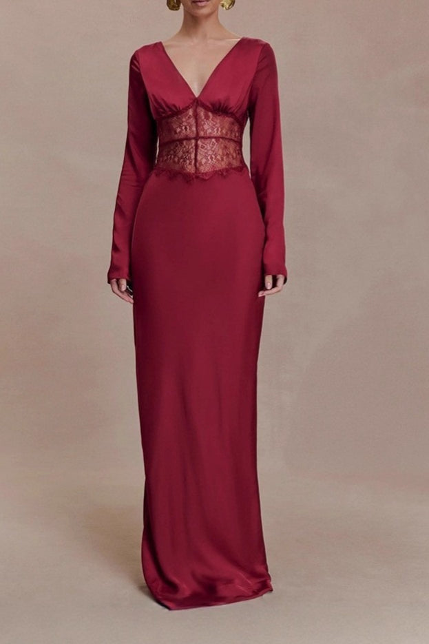 Deep V-Neck Lace Bodycon Maxi Dress