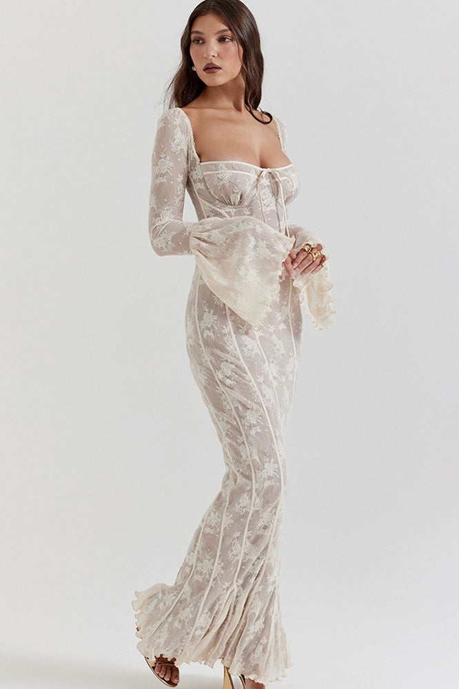 Lace Sweetheart Bell Sleeve Corset Fishtail Maxi Dress