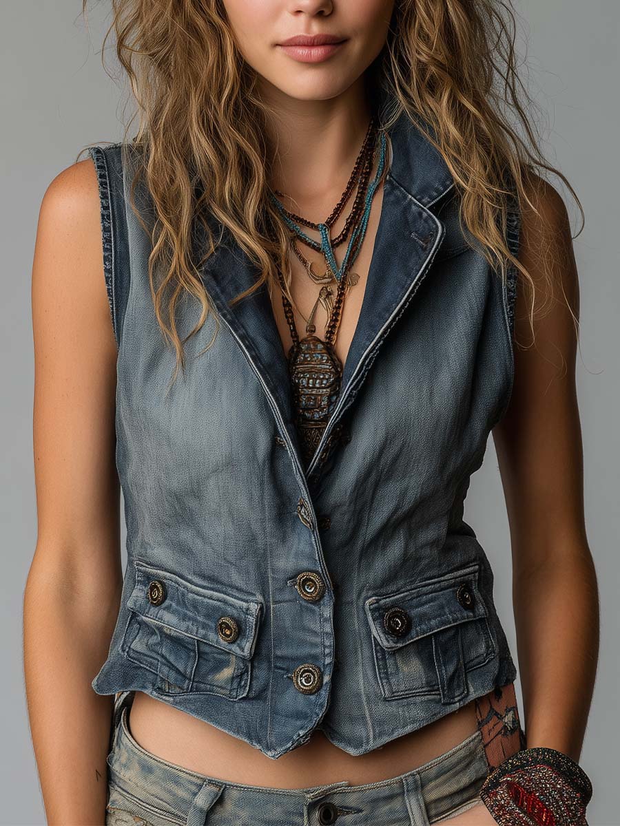 Vintage Workwear Style Distressed Blue Jean Vest - Fashionpara