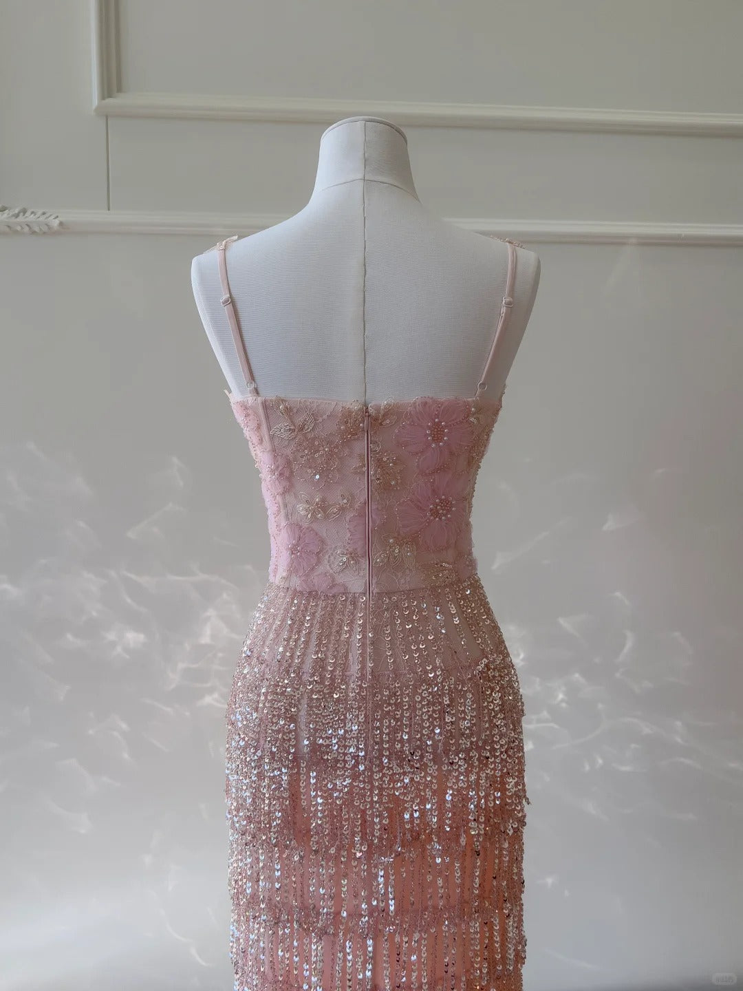 Gorgeous Pink Slim Square Neck 3D Flower Sequin Tassel Long Prom Dress Evening Dress P4054