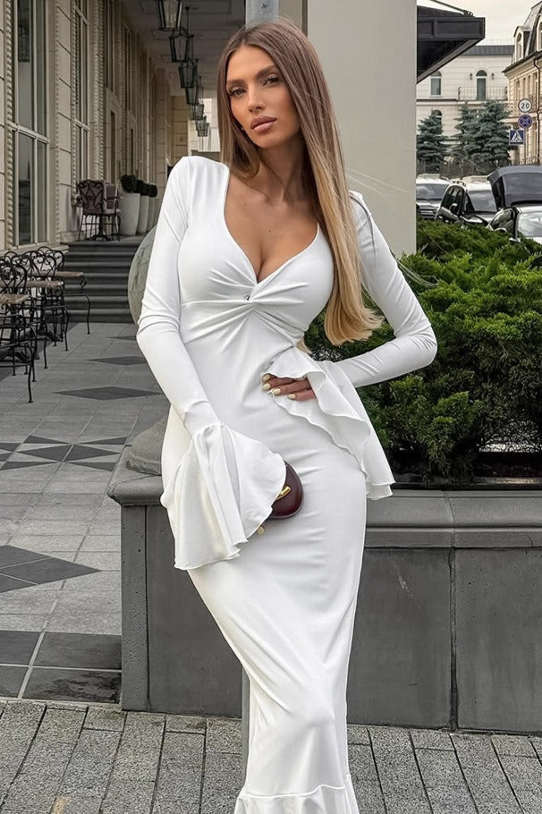 Ruffled V-neck Flare Sleeve Midi Dress