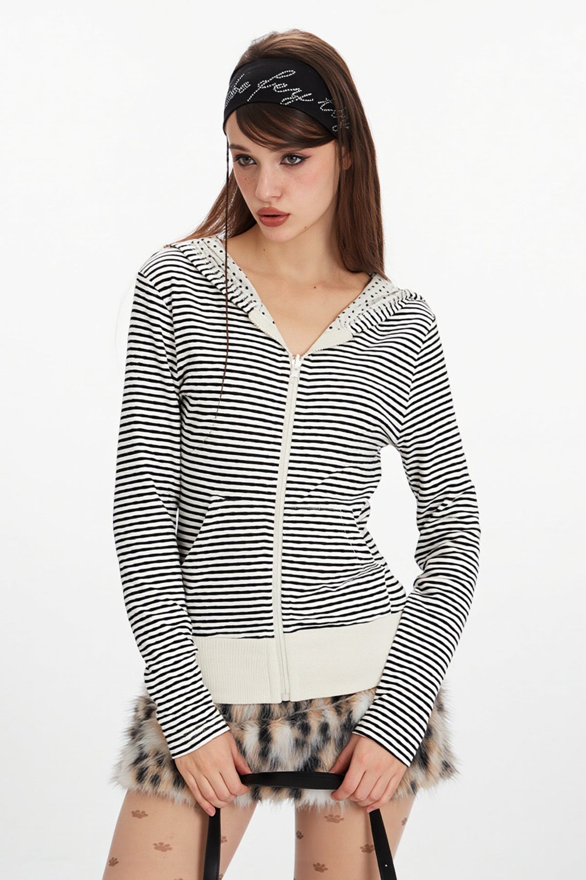 Contrast Stripe Reversible Zip Front Cropped Hoodie