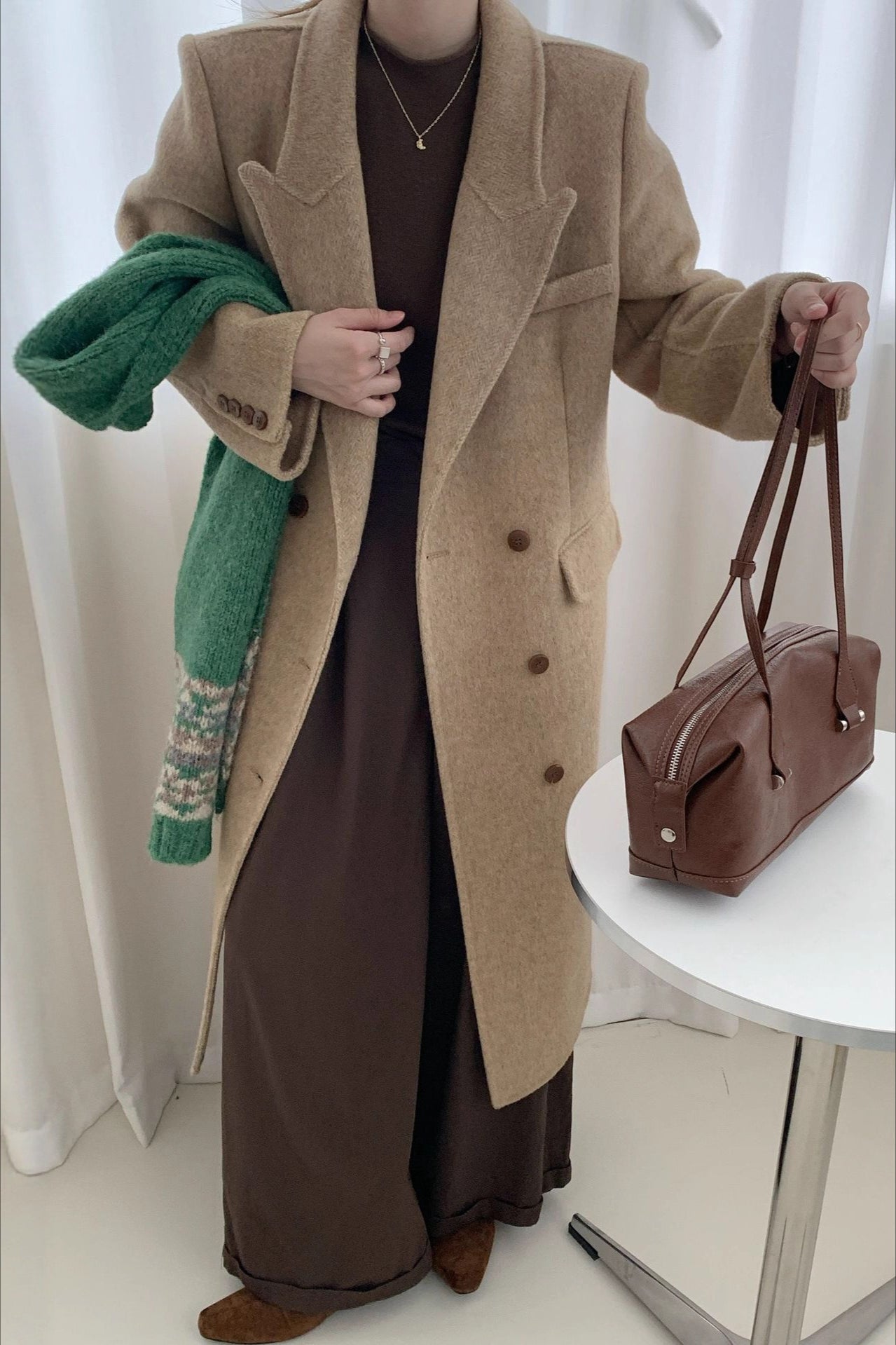 Double-Faced Wool Long Overcoat with Notched Lapel Design