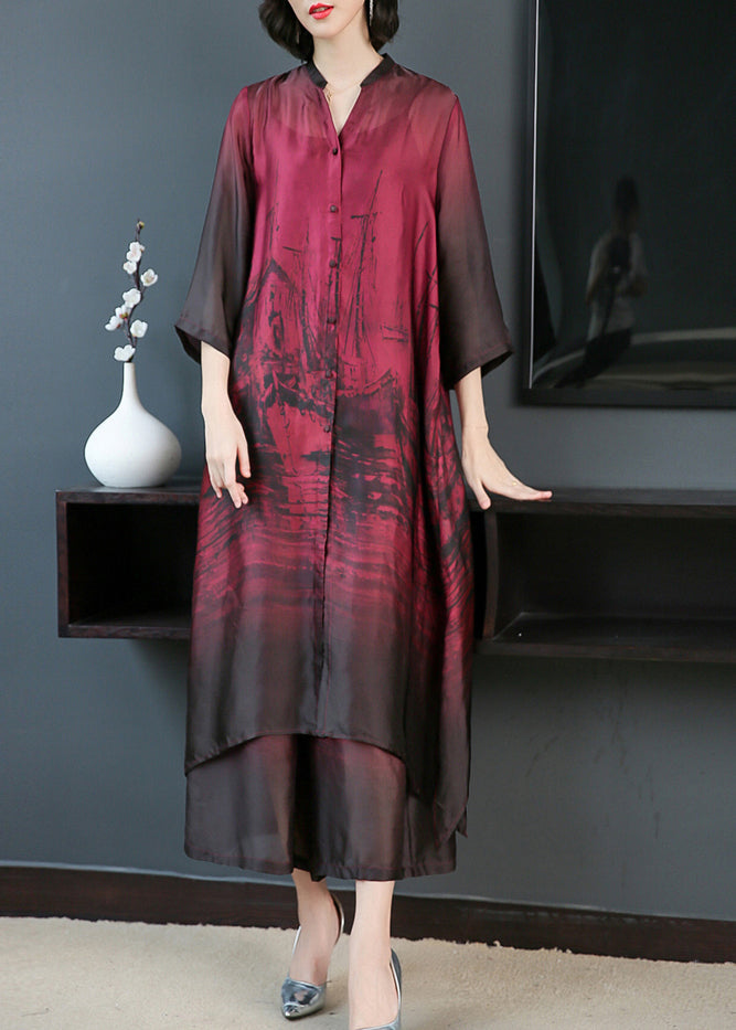 Abstract Print V-Neck Mandarin Collar Three-Quarter Midi Dress - View 3