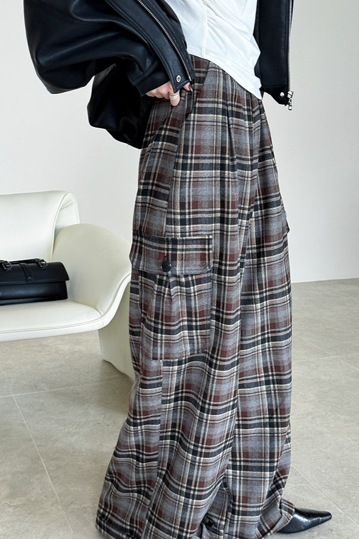 Retro Colorblock Plaid Casual Straight Pants