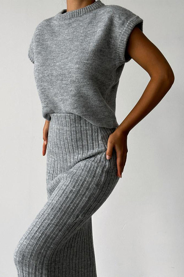 Triko Knit Short Sleeve Sweater with Ribbed Midi Skirt Set