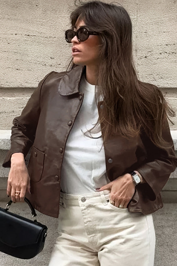Chic Brown PU Crop Coat for Effortless Everyday Style