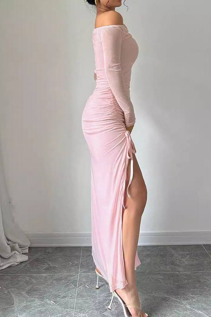 Mesh One-Shoulder Long Sleeve Ruched Slit Bodycon Maxi Dress 3