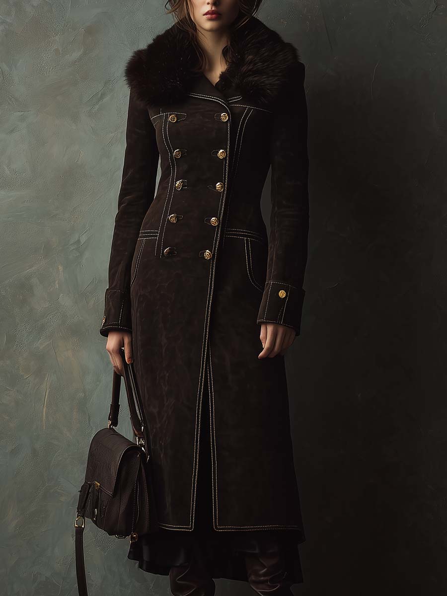 Vintage Dark Brown Eco-Suede Coat With Faux Fur Collar And Contrast Stitching - Fashionpara