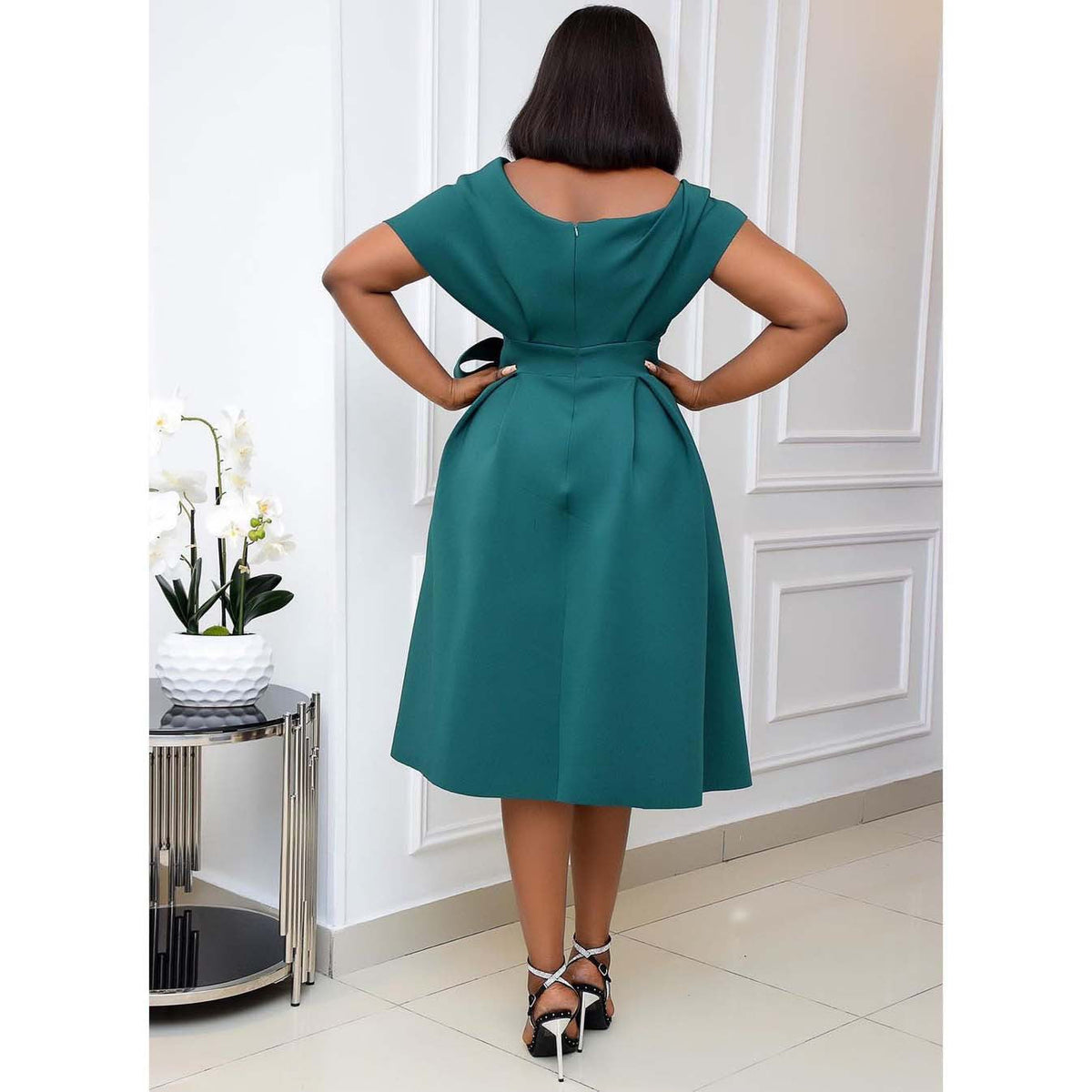 Cap Sleeve Bow Waist Box Pleat Fit and Flare Midi Dress