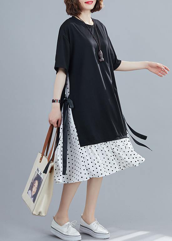Polka Dot Panel Crew Neck Short Sleeve Side Tie Ruffle Hem Midi Dress - View 2