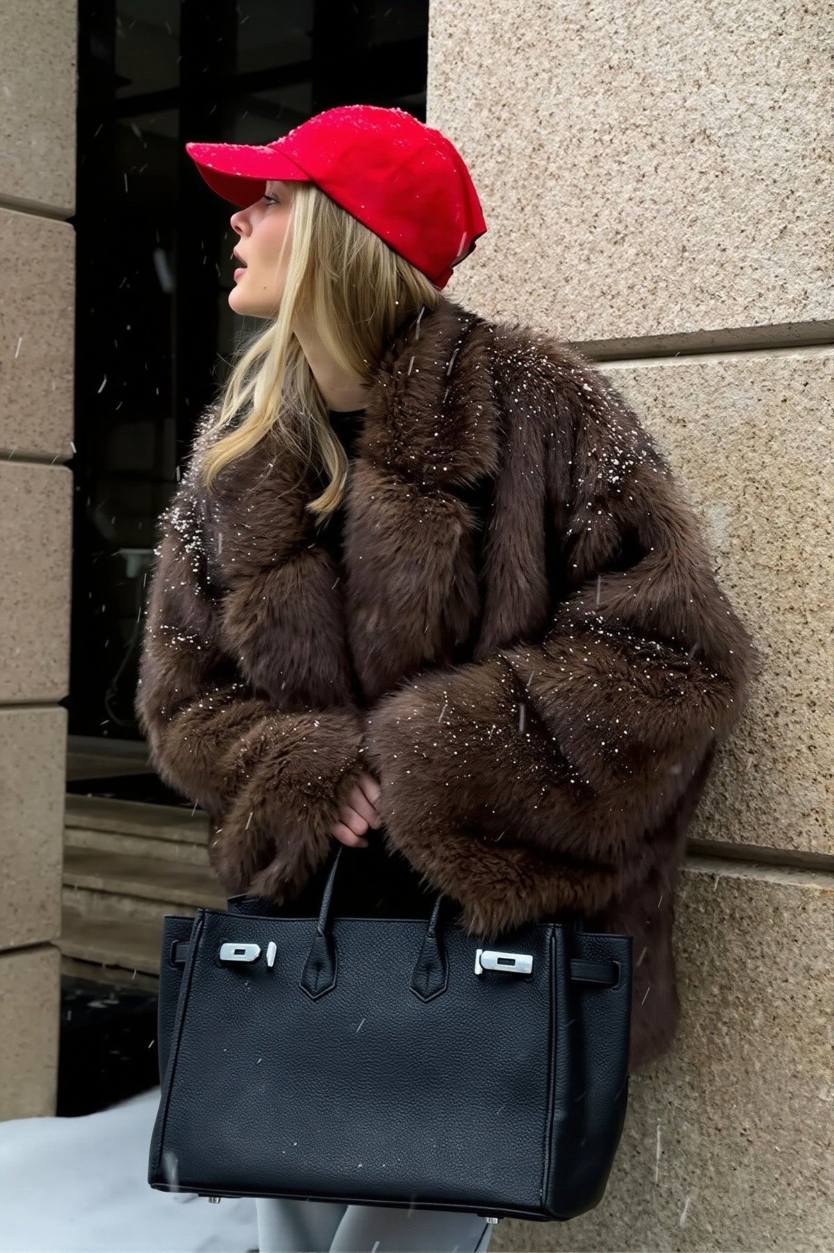 Wide Collar Mid Length Faux Fur Coat