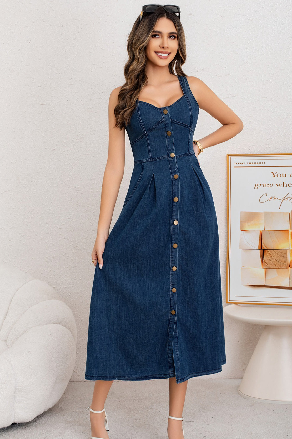 Washed Button Front Cami Denim Dress