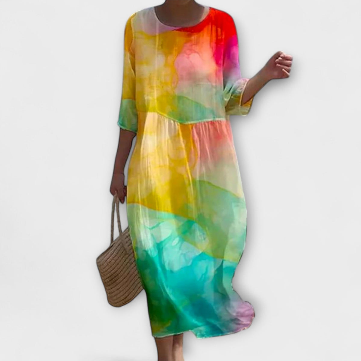 Rose Floral Round Neck Half Sleeve Loose Midi Dress 7
