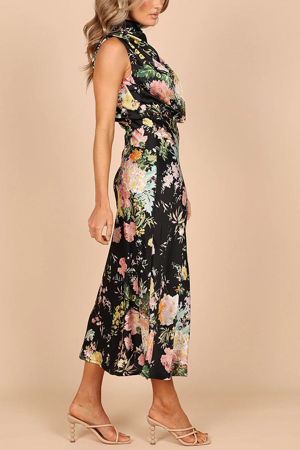 Wine Country Dates Floral Halter Neck Elastic Waist Satin Maxi Dress - Fashionpara