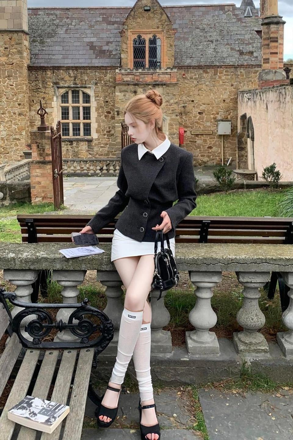 Elegant Solid Wool Faux Two-Piece Tapered Notch Collar Coat