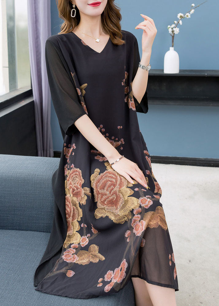 Floral Embroidery V-Neck Sheer Chiffon Sleeve Overlay Midi Dress - View 3