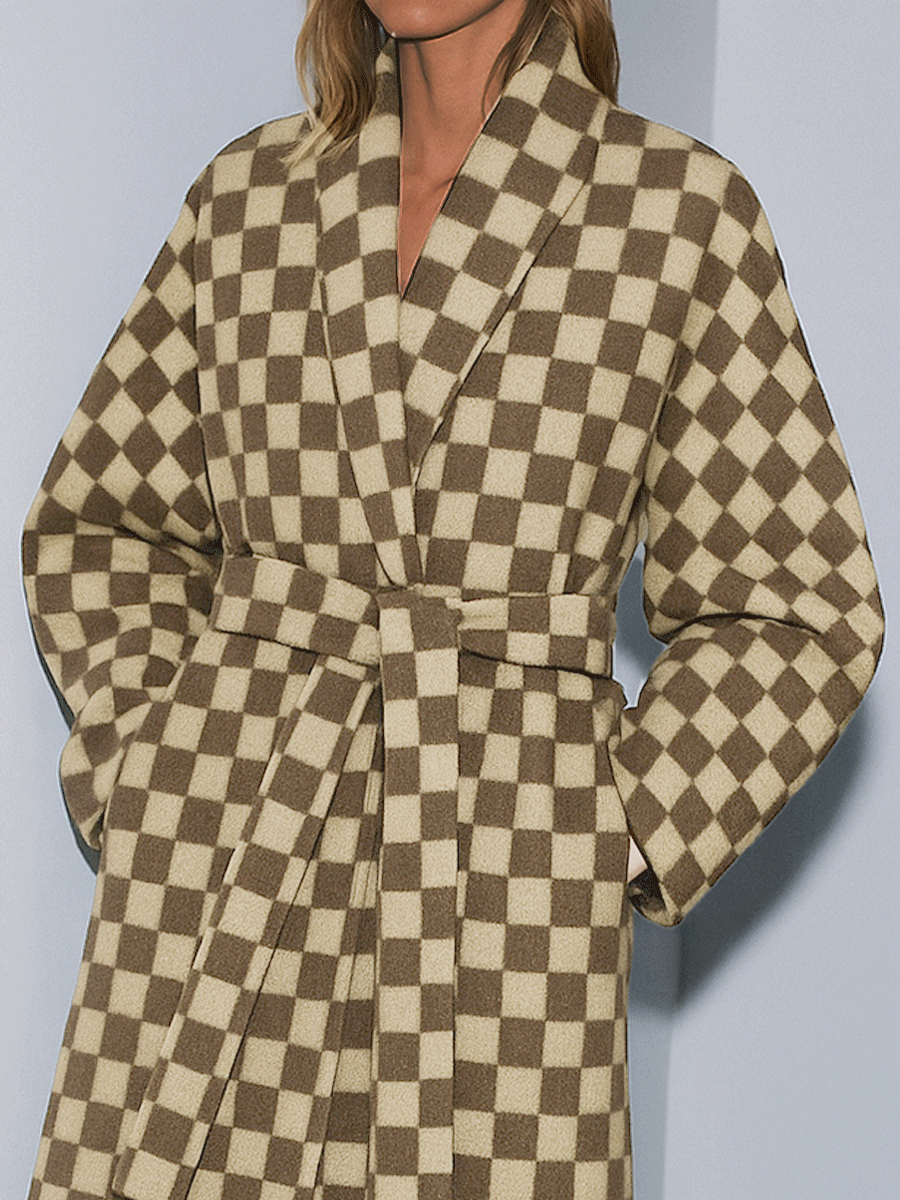 Retro Elegance Checkered Wool Belted Coat - Fashionpara