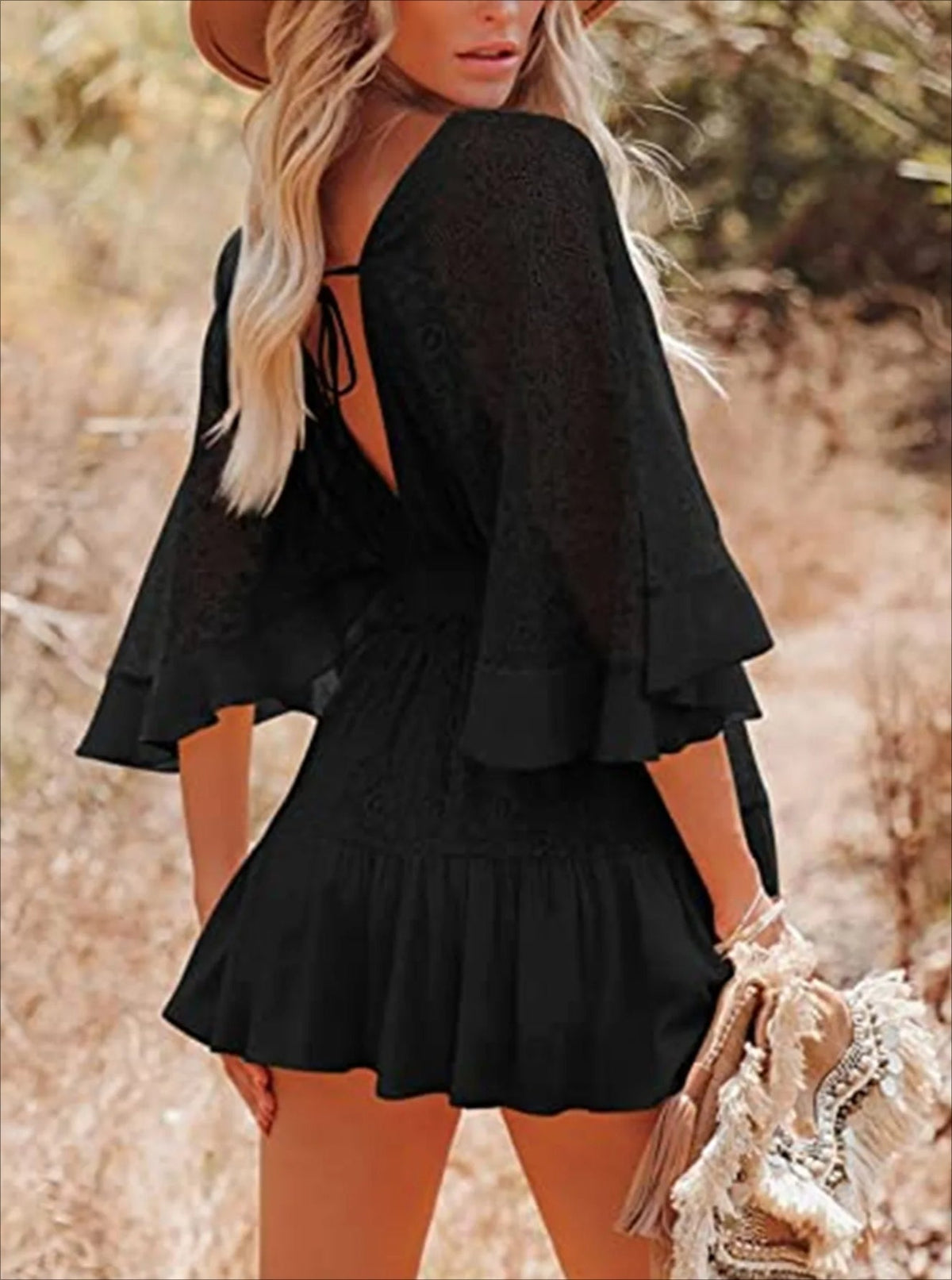 Lace V-Neck Flutter Sleeve Tiered Mini Dress 27