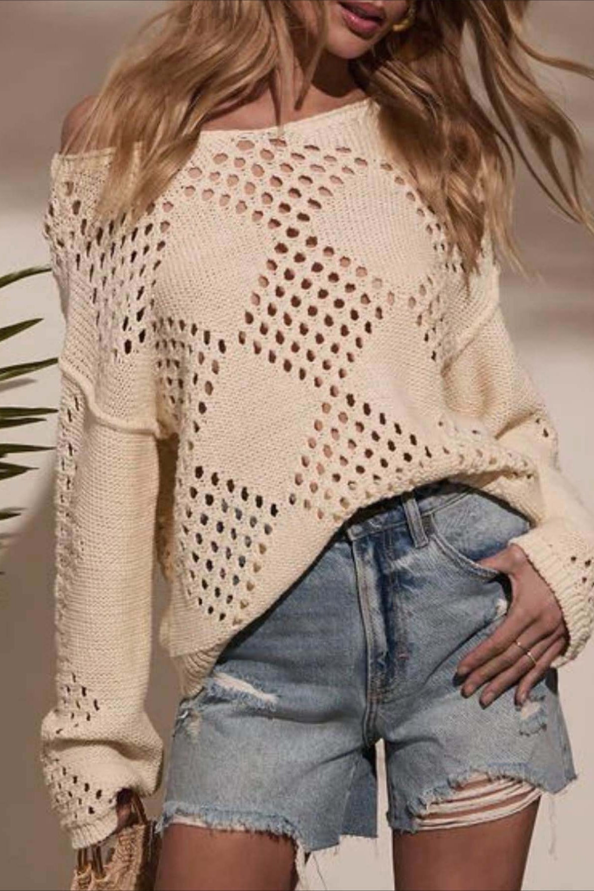 Cutout Off-the-Shoulder Long Sleeve Knit Blouse