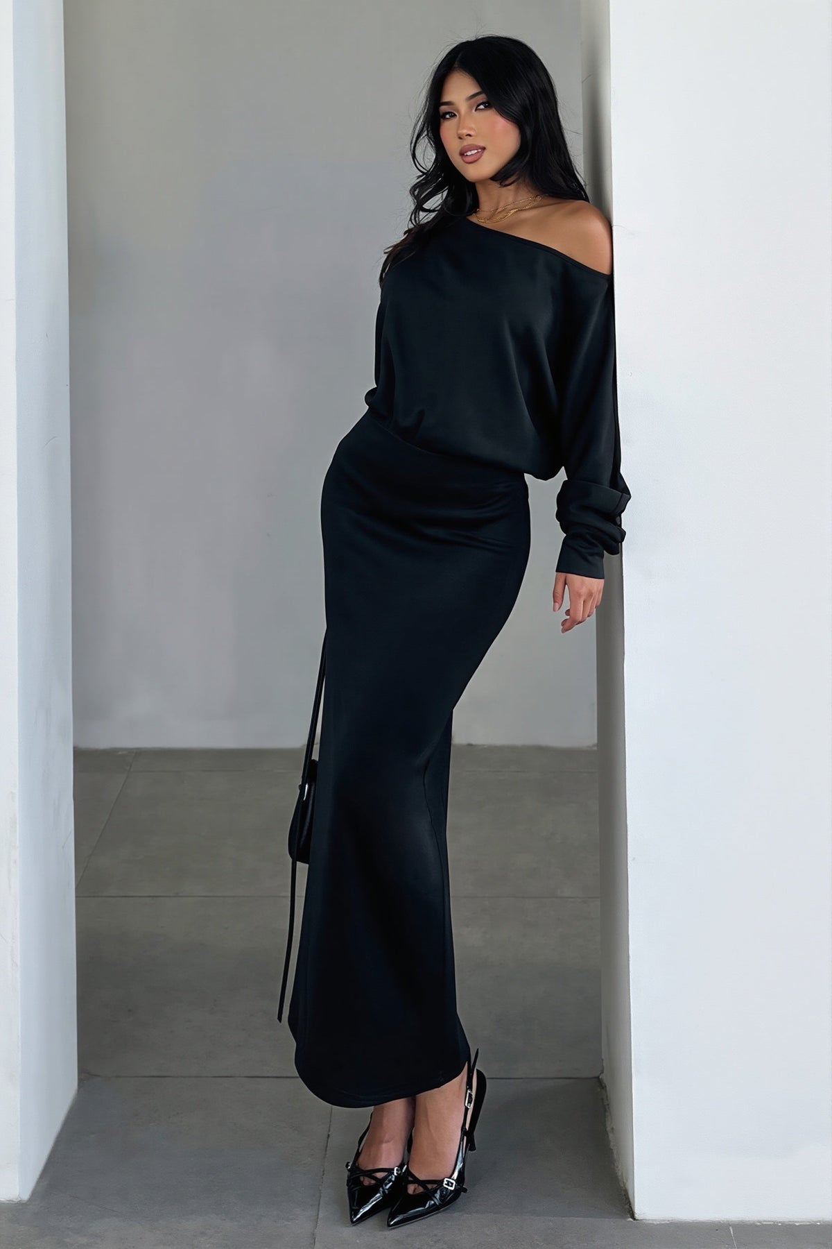 Satin Off Shoulder Long Sleeve Maxi Dress
