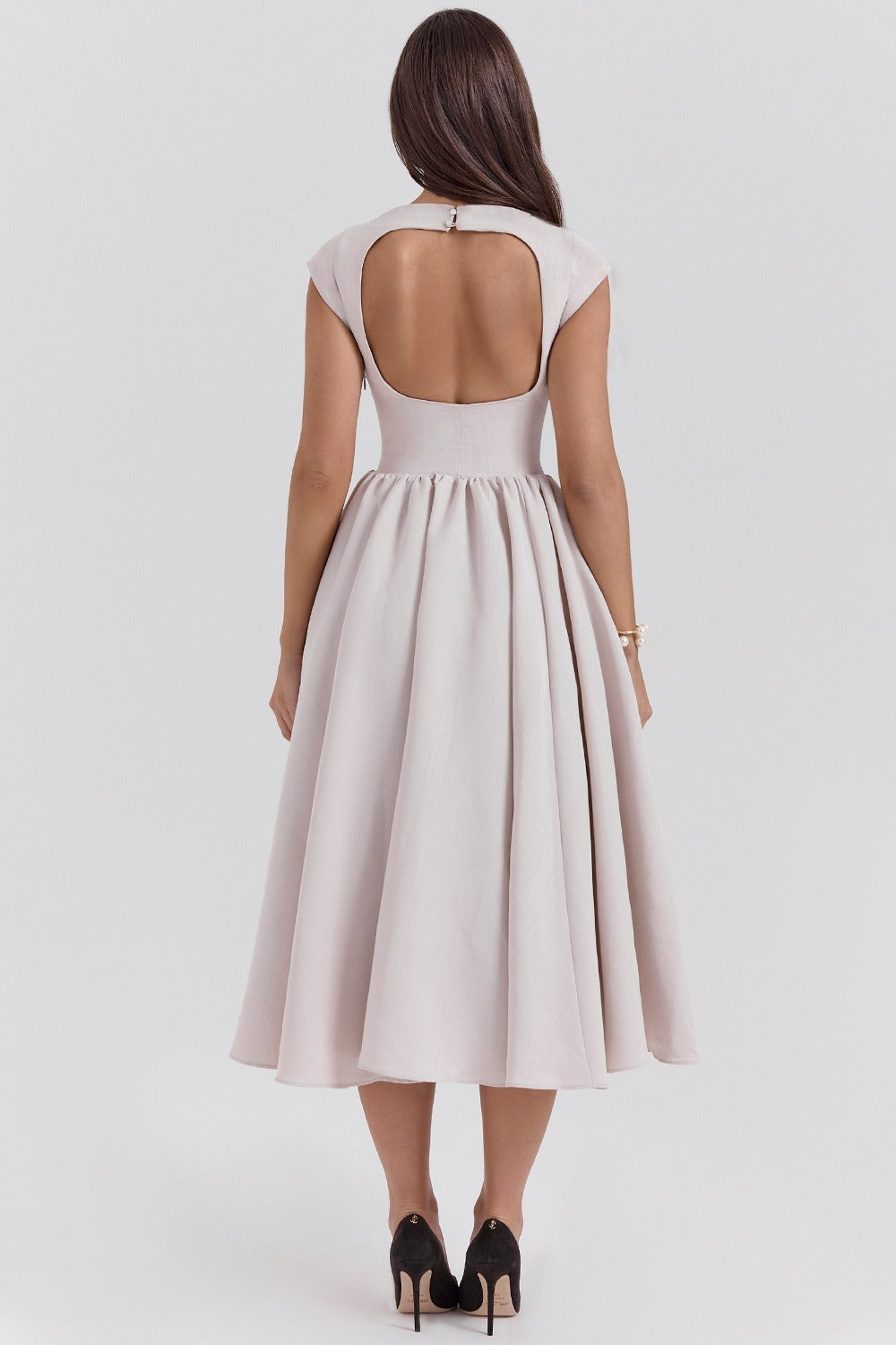 Boat Neck Cap Sleeve Fit and Flare Midi Dress