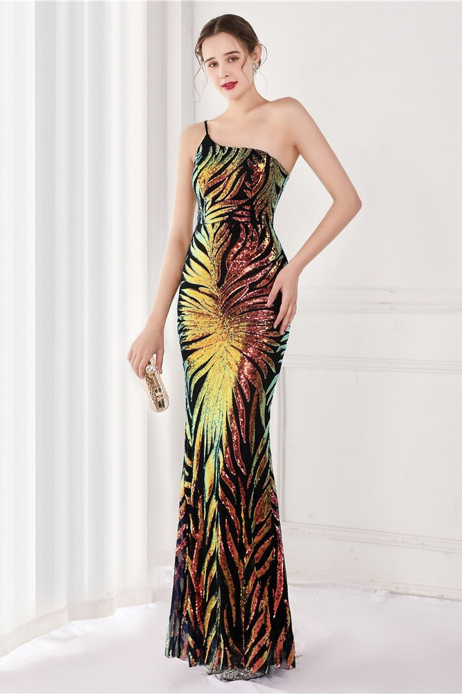 Sequin One Shoulder Mermaid Evening Gown - View 5