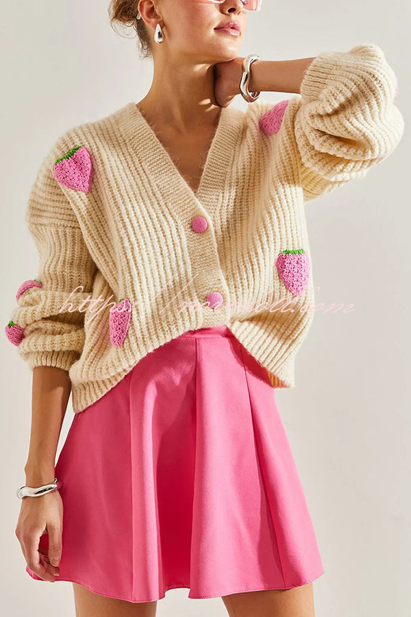 V-neck Strawberry Embellished Knitted Cardigan for Style