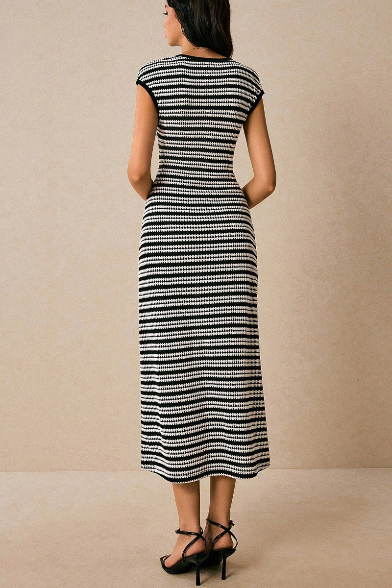 Striped Knit Crew Neck Cap Sleeve Bodycon Midi Dress