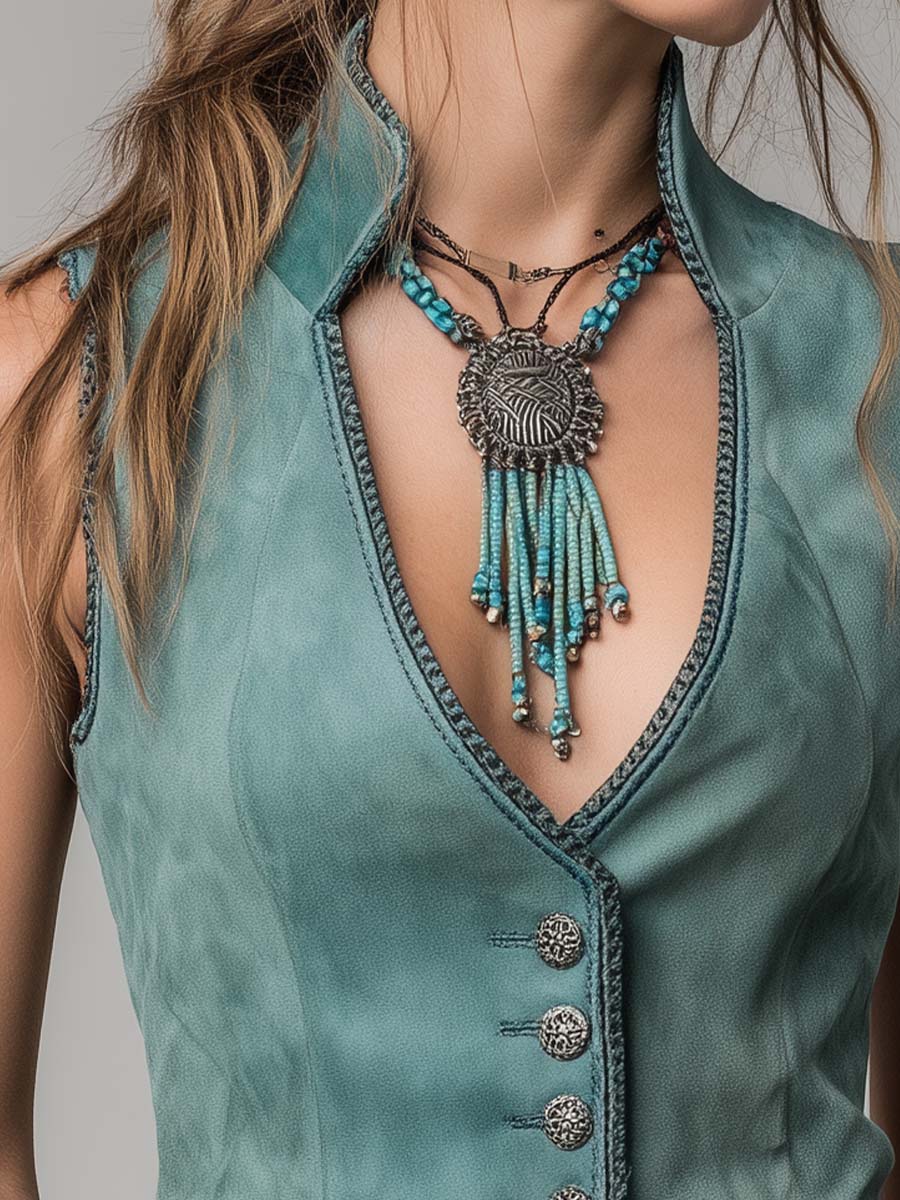 Mint Green Microsuede Bohemian Fitted Vest - Fashionpara
